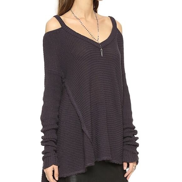 Free People Moonshine Dark Gray V-Neck Cold Shoulder A-Line Knit Sweater - M / L - Picture 4 of 15